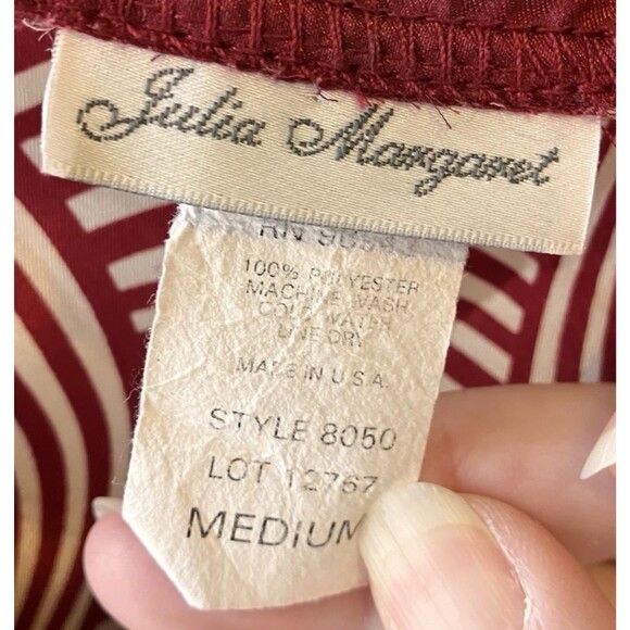 VTG Julia Margaret Women's Red & White Empire Geometric Satin Tunic Blouse Sz M - Picture 2 of 7